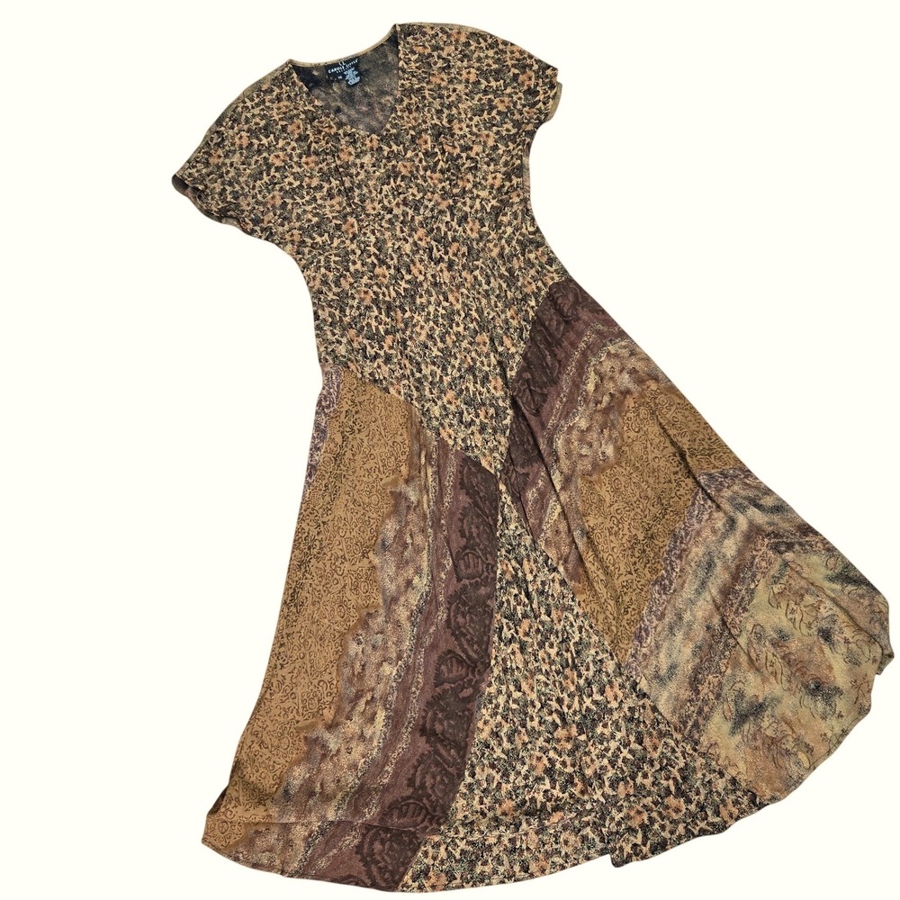 Vintage Carole Little Maxi Dress 10 Brown Mixed Print V-Neck whimsygoth 90s